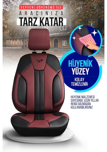 Bordo - Siyah Panda Carlone Serisi Ful Deri Oto Koltuk Kılıfı - Tam Set