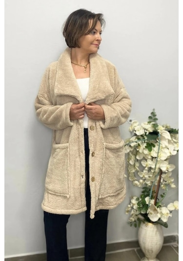 Mia Butik Kadın Krem Peluş Hırka Krem