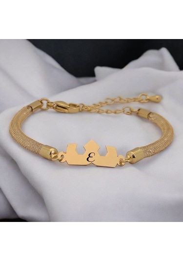 Archin E Harfine Özel 14 Ayar Altın Plakalı Hasır Kordonlu Taç Motifli Hediye Bileklik-461harf E