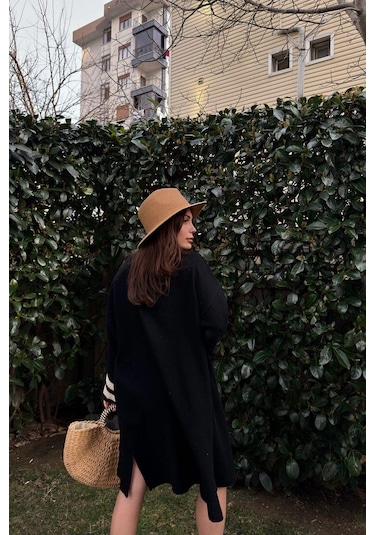 Kadın Siyah Müslin Kumaş, Hasır Şerit Detaylı Salaş Kimono Ceket Siyah