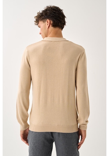 Fermuarlı Polo Yaka Kazak Bej