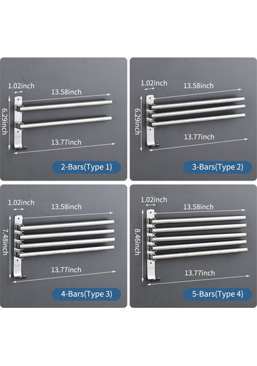 Yunboo 304 Paslanmaz Çelik 5 Barlı 180 Dönebilen, Delme/delmesiz Montajlı, Çok Amaçlı Kancalı Havlu Rakımı 34.5cm Gümüş