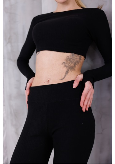 Kadın İspanyol Paça Pantolon Uzun Kollu Parmak Geçirmeli Crop Takım Siyah