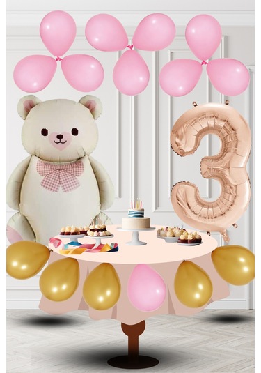3 Yaş Retro Folyo Krem Ayıcık Pembe Gold Balon Rose Gold Rakam Doğum Günü Süsleme KREM