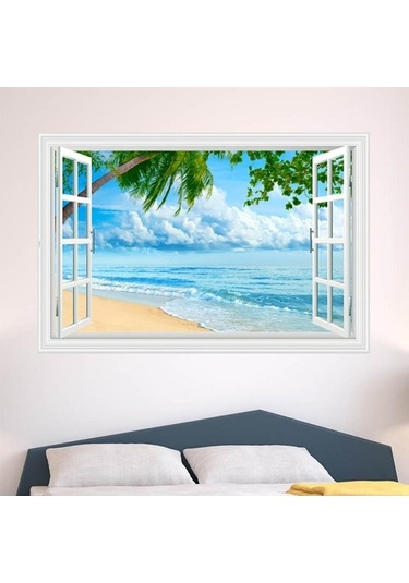 Pazly Windows Suntek Seascape Sahte Living Duvar Çıkartması Beach 3d Op Ahşap
