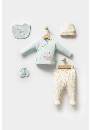 Bebitof %100 Pamuk Sevimli Ay Ve Bulutlar Desenli Bebek 5 Parça Yenidoğan Hastane Çıkışı Zıbın Seti Bbtf.ysl.20223 Yeşil