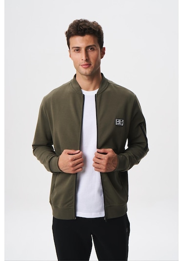 Arma Erkek Slim Fit Scuba Su Geçirmeyen Kumaş Basic Kol Cepli Tam Fermuar Kolej Yaka Sweatshirt K28324988301 Haki