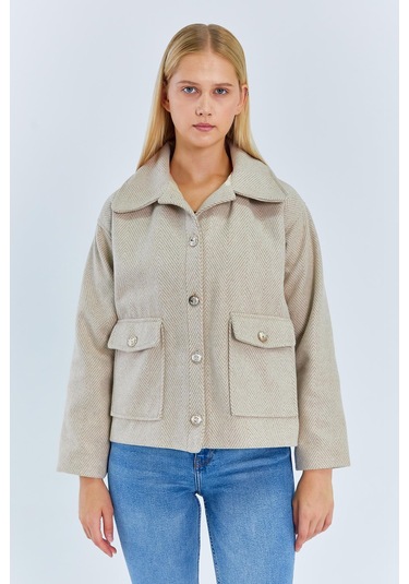 4410 Kadın Balık Sırtı Kısa Kaban Bej Bej