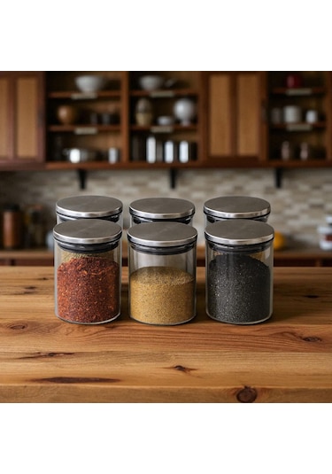 300 Ml 70 Mm X 100 Mm 6 Lı Borosilikat Cam Baharatlık Seti-sızdırmaz Sılıkonlu Metal Kapak Beyaz