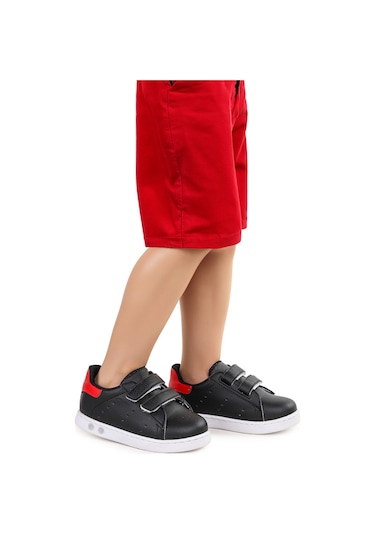 Kiko Kids Royzo Cırtlı Işıklı Erkek Bebek Spor Ayakkabı Siyah - Kırmızı