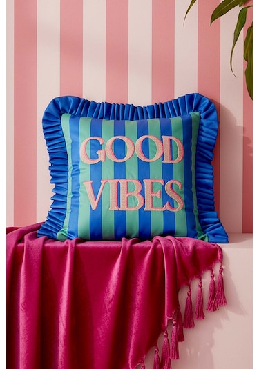 Good Vibes Fırfırlı Dekoratif Kırlent Kılıfı Mavi