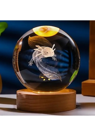3d Led Işık Cam Küre Tek Renk Gece Lambası Axolotl Mucizevi Yenilenme 8 Cm Mega Boy