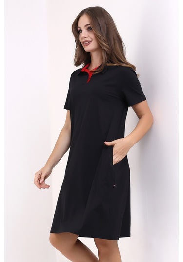 Kadın Yakalı İki Cepli Krep Elbise Siyah Sckwm23el02 Siyah