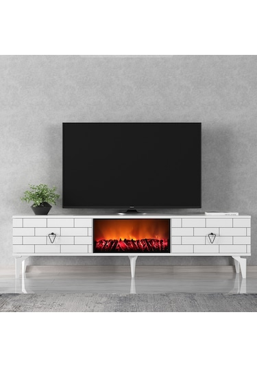 Volcanos Şömineli Tv Sehpası Tv Ünitesi Beyaz