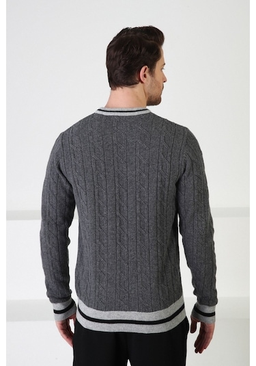 Ferraro Füme/A.Gri Bisiklet Yaka %100 Kuzu Yünü Erkek Kazak Füme Gri Füme