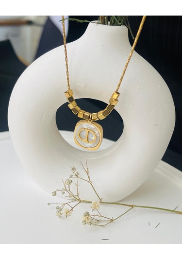 Küp Detaylı Marka Dior Çelik Kolye Altın