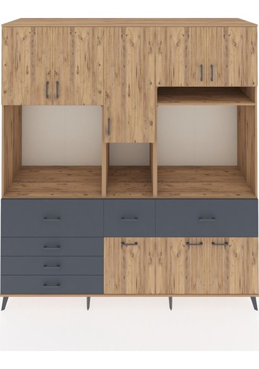 Kronos Dolap 10 Raflı 6 Çekmeceli 8 Kapaklı 220x59x243 Çam-çam/antrasit Atlas Çam/antrasıt