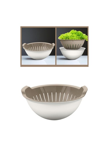 Flosoft Hazneli Makarna Süzgeci 25 Cm, Badyalı Kulplu Sebze Meyve Yıkama Süzgeci 3 Litre Bej