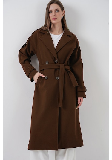 Kadın Kuşaklı Kaşe Kaban 9161 - Kahverengi Kahverengi