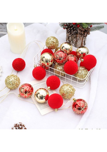 Vkemall 6cm Kumaş Kaplı Boyalı Noel Topları Seti - 25 Adet Ağaç Süs Eşyası Kırmızı+altın Noel Dekorasyonu