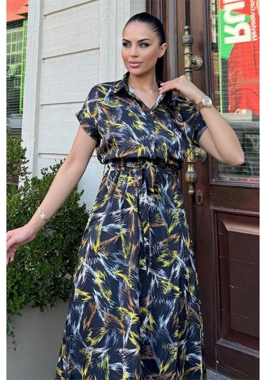 Kadın Siyah Desenli, Yarım Kol Ve Yarım Patlı Gömlek Yaka, Beli Lastikli, Salaş Uzun Saten Elbise Siyah
