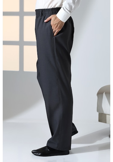 Erkek Rahat Kesim Beli Lastikli Cepli Hac Ve Umre Kumaş Şalvar Pantolon - Füme İsr Füme