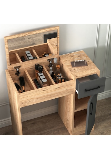 Arnetti İnci Aynalı Makyaj Masası Atlantik Çam Antrasit