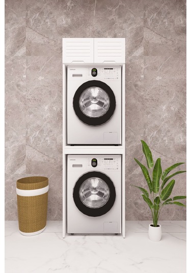 Mdf Çamaşır Makinesi Ve Kurutma Makinesi Dolabı Lake Panjur Kapak Beyaz