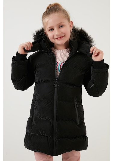 Lela Yakası Suni Kürklü Peluş Astarlı Çıkarılabilir Kapüşonlu Dar Kesim Kışlık Kız Çocuk Mont 5760002 Siyah