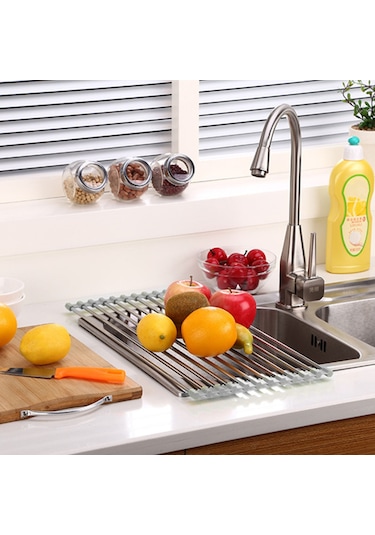 Fabrika Doğrudan Katlanır Paslanmaz Çelik Drenaj Rafı Kase Rafı Lavabo Mutfak Rafı Sebze Ve Meyve Suyu Kontrol Rafı 20 Tüp Küçük Gri Renkli