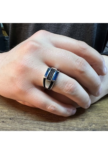 Modasilvers 925 Ayar Gümüş Mavi Baget Taşlı Erkek Yüzük (547569555)
