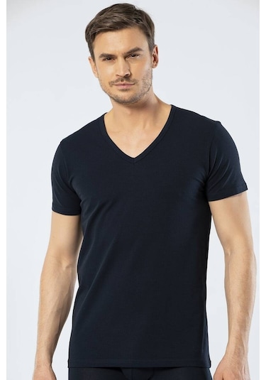 Cacharel Erkek Derin V Yaka Likralı Siyah T-shirt 001