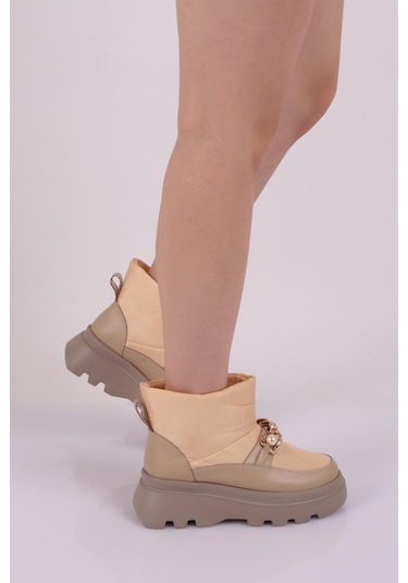 Dgn Es808 Kadin Kalin Zincir Aksesuarli İnci Taşli Bot ES808-2007-R12632 Ten Rengi