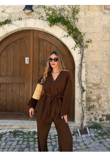 Laluvia Kahverengi Tek Düğmeli Kuşaklı Kimono Takım - 007