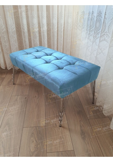 Modern Dilim Puf Ayakucu Puf Gümüş Metal Ayak 100 45 Turkuaz