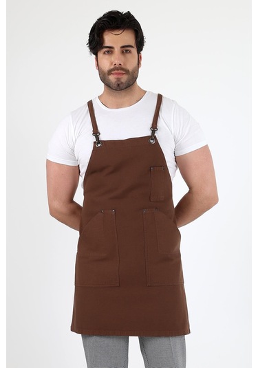 Barista Askılı Önlük Kanguru Cepli - Kahve-12779 Kahve