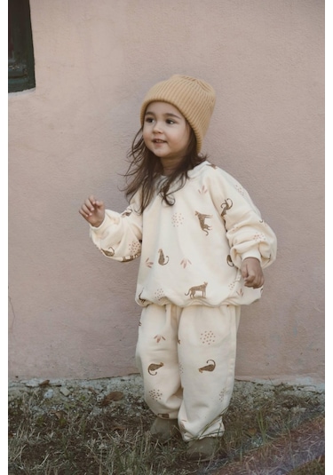 Leopar Baskılı Eşofman Takımı Krem