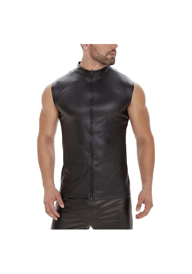Deri Dik Yaka Sıfır Kollu Yelek Siyah