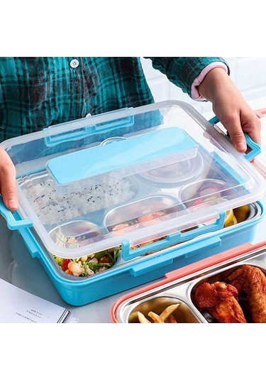 Ulzyvf Yemek Termos Seti Mavi, Çelik Bölmeli, Paslanmaz, 5 Cm, Pratik Kutuda Mavi