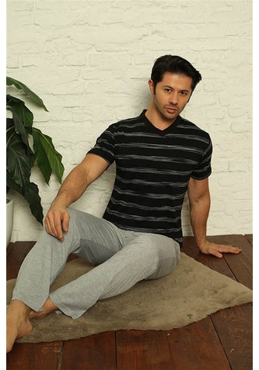 Akbeniz Erkek Siyah V Yaka 3'Lü Pijama Takım 6822-Siyah