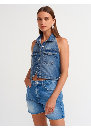 Dilvin Arkası Açık Yakalı Denim Yelek-mavi Mavi
