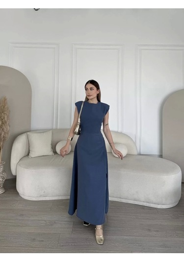 Keten Yandan Yırtmaçlı Uzun Elbise Sıfır Kol Elbise - Mavi Mavi