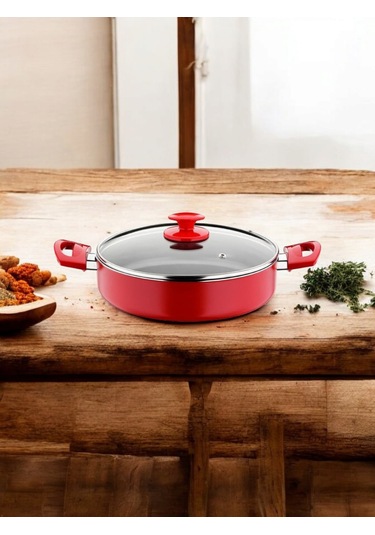 Cam Kapaklı Büyük Boy Pilav Ve Karnıyarık Tenceresi Kırmızı