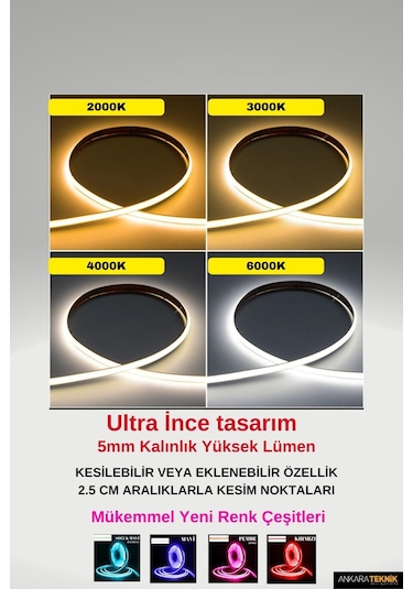 Ultra Ince 5mm. Kalınlık Cob Şerit Led 2000k Neon Gibi Yanar.