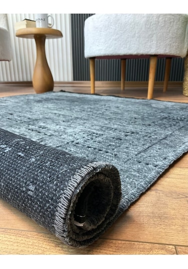Şönil Dokuma Kayma Yapmaz Makinede Yıkanabilir Leke Tutmaz Kesme Bohem Kilim Antrasit 2 Gri