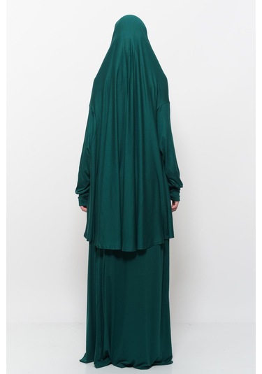 Pratik 2 Parça Pamuklu Yarasa Kollu Başörtülü Tesettür Namaz Elbisesi Yeşil Antrasit