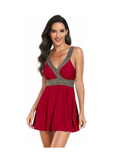 Büyük Beden Muhafazakar Etek Ayrık Kurdela Plaj Elbisesi Kırmızı