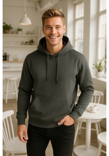 Rich Erkek Füme Pamuklu Cep Detaylı Kapüşonlu Sweatshirt Füme