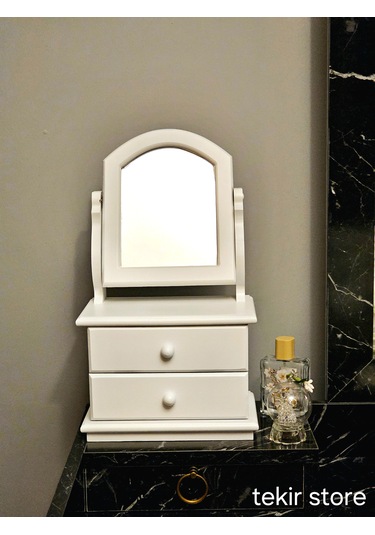 Ahşap Hareketli Aynalı Beyaz Lake Takı Ve Makyaj Organizeri
