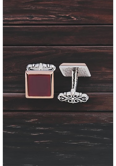 Gümüş Akik Taşlı Düz  Kol Düğmesi